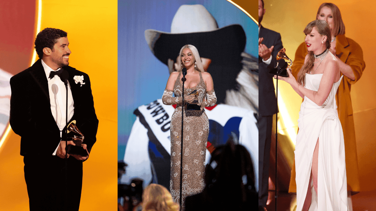 Bad Bunny, Beyoncé y Taylor Swift reciben el premio al Álbum del Año vistiendo Schiaparelli.