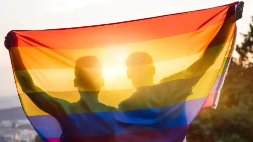 En la foto: Pareja de hombres viendo el atardecer con la bandera gay